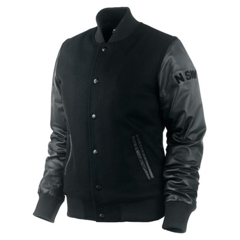 Nike Sportswear NSW Destroyer Leather Wool Bomber Varsity Jacket Black Size S